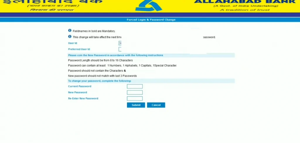 Change Allahabad Bank netbanking login password