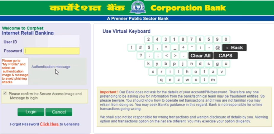 Coporation Bank Netbanking Forgot Password