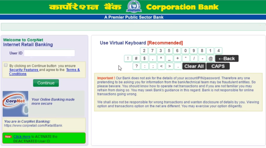 Coporation Bank Netbanking