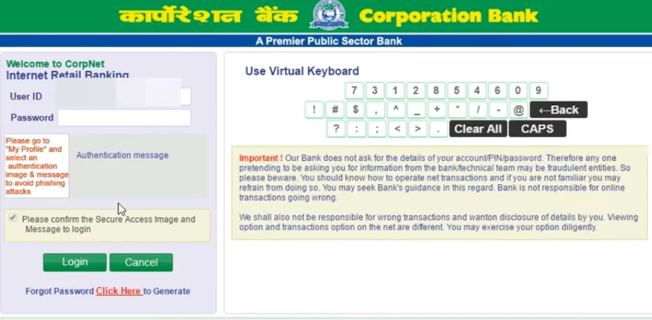 Coporation Bank Netbanking