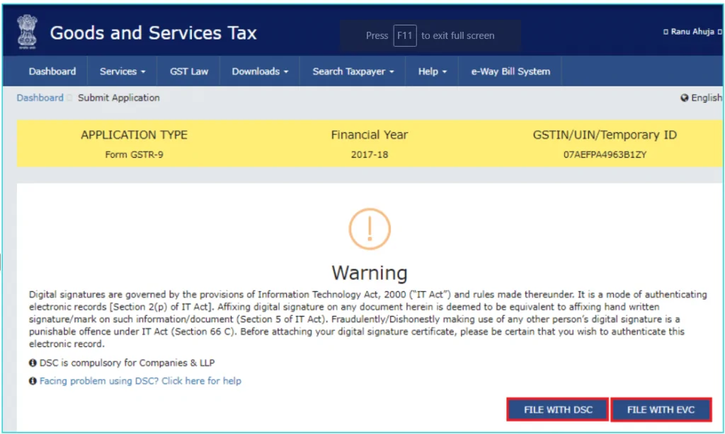 19 File GSTR9 with DSC or EVC
