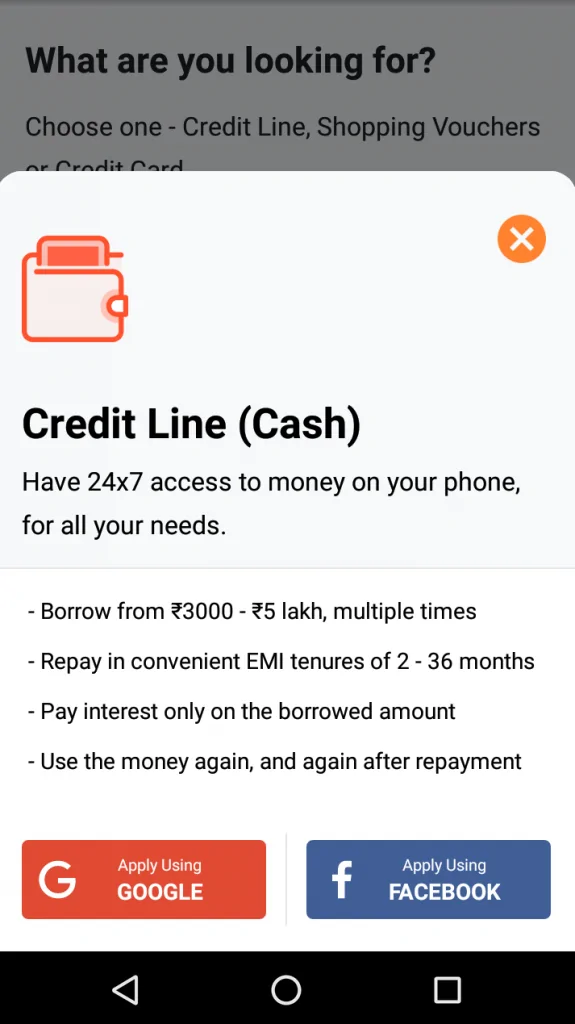 Step 4. On the next page you will be required to choose between using Facebook and Google to log to apply for MoneyTap Credit Line: