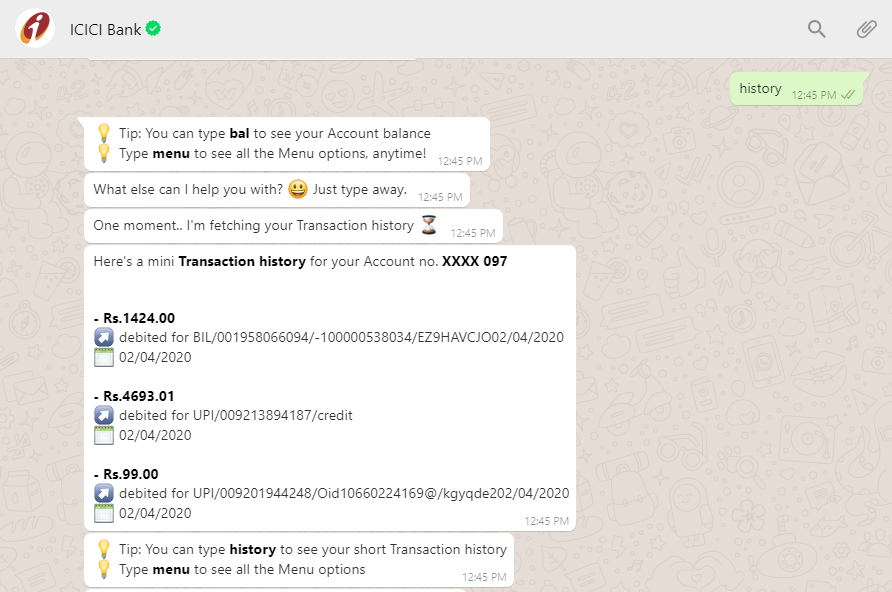 ICICI Whatsapp Transaction Hisotry