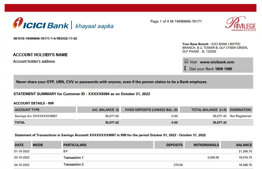 ICICI Bank Statement Format
