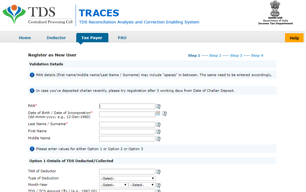 TRACES New Tax Payer Registration