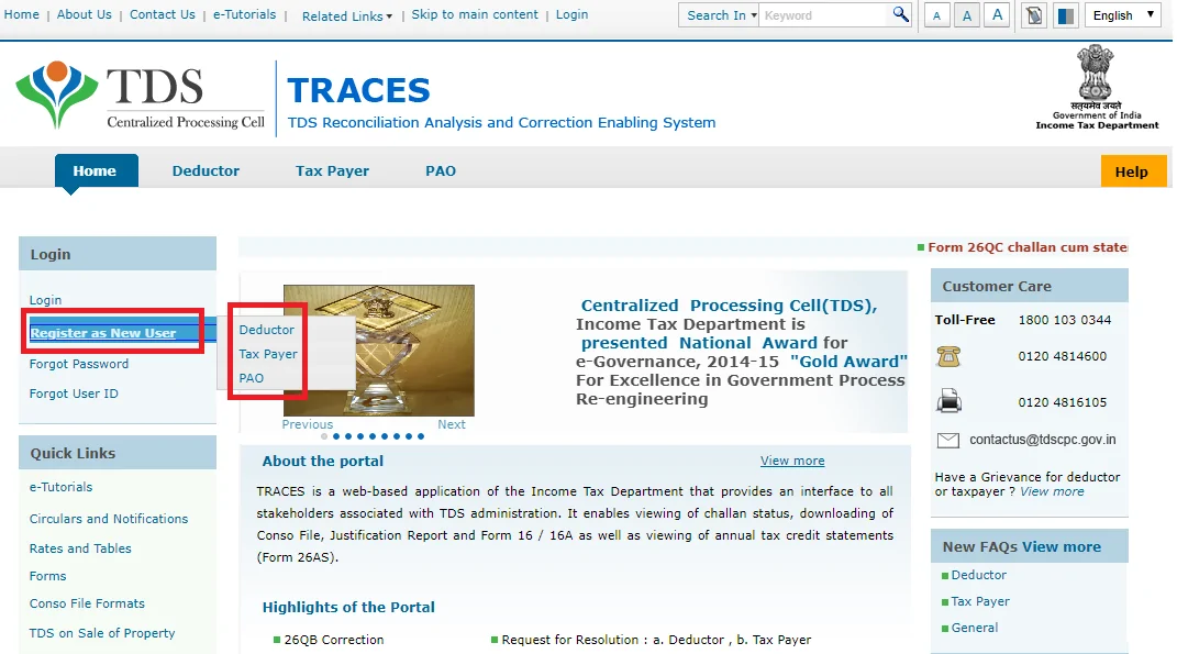TRACES Registration Home page