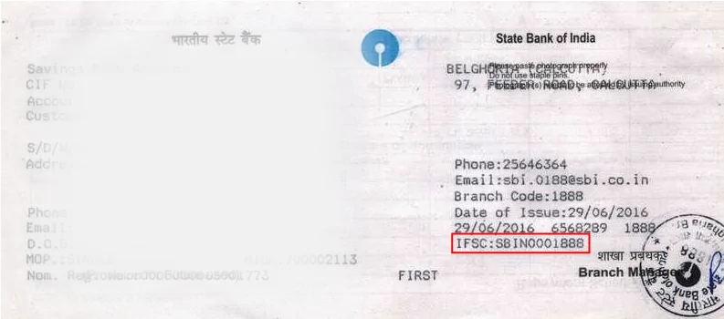 IFSC Code on Passbook