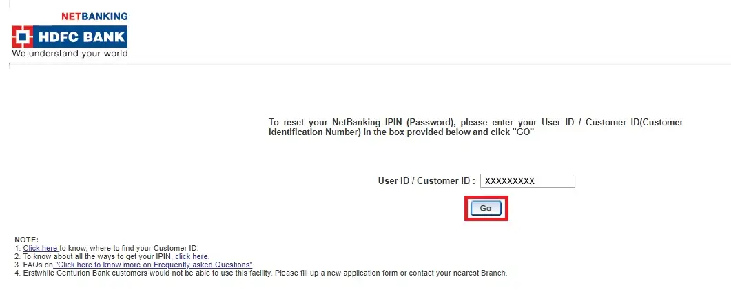 2- HDFC Netbanking Enter Customer ID