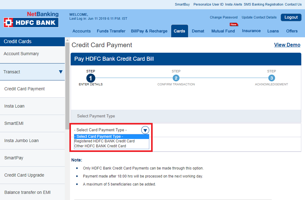 3-HDFC netbanking credit card bill payment