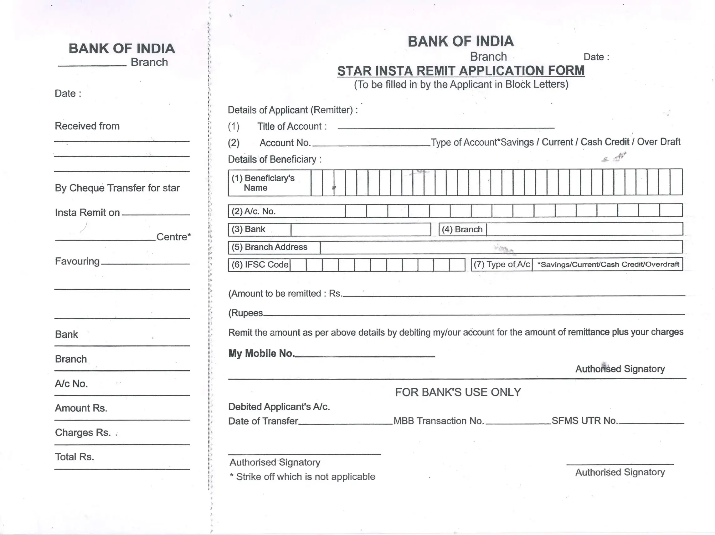Bank of India NEFT Form Offline