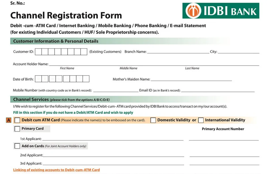 IDBI Bank Net banking login Application Form