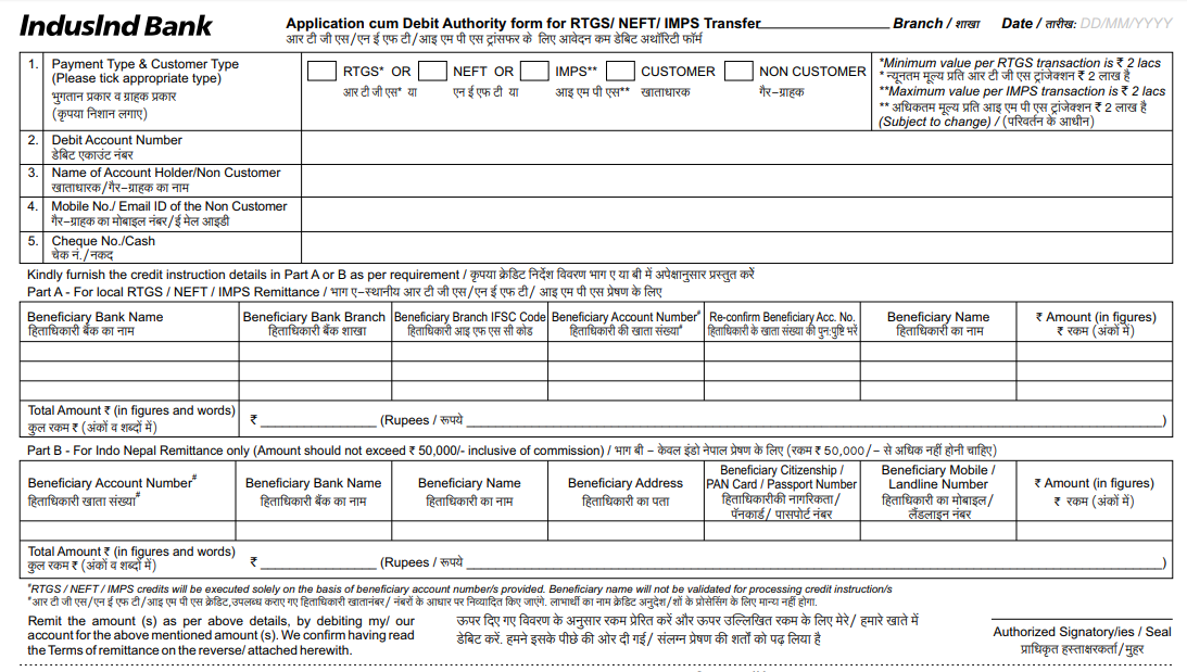IndusInd Bank RTGS Form a