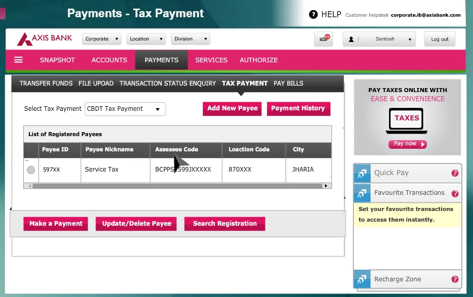 Axis Bank Tax Payment