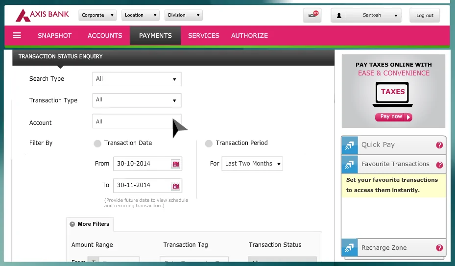 Axis Corporate Transaction Status Enquiry