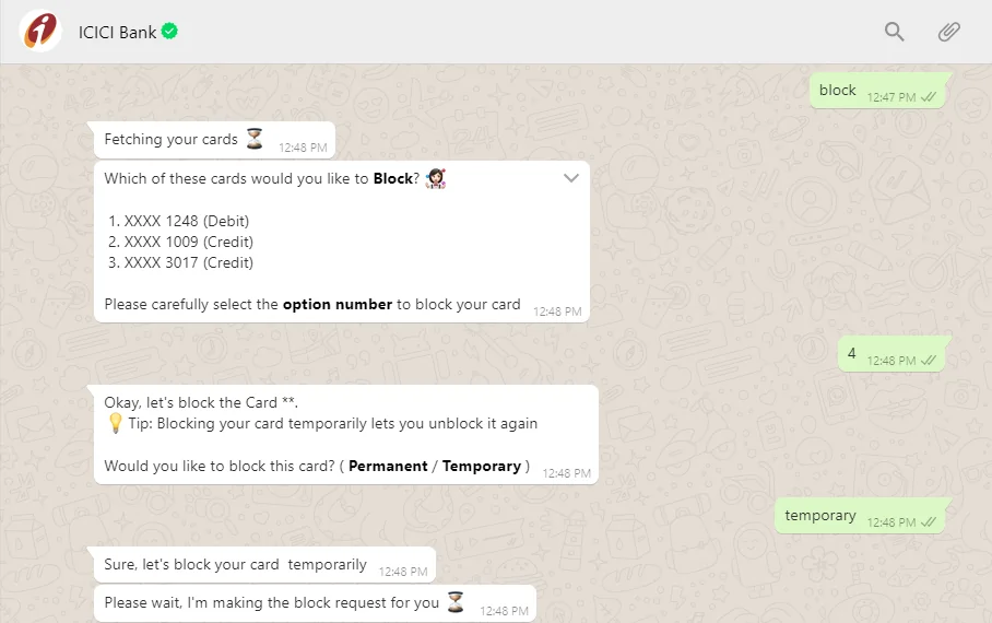 ICICI Whatsapp Block