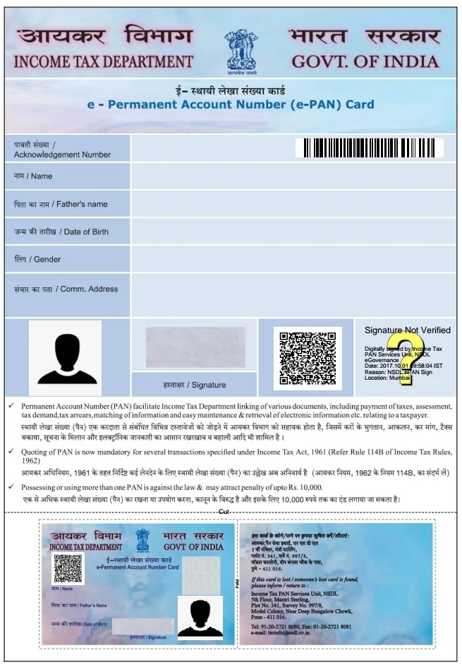 format of instant pan card